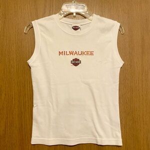 Harley-Davidson White Tank Top with Orange Milwaukee Glitter Text